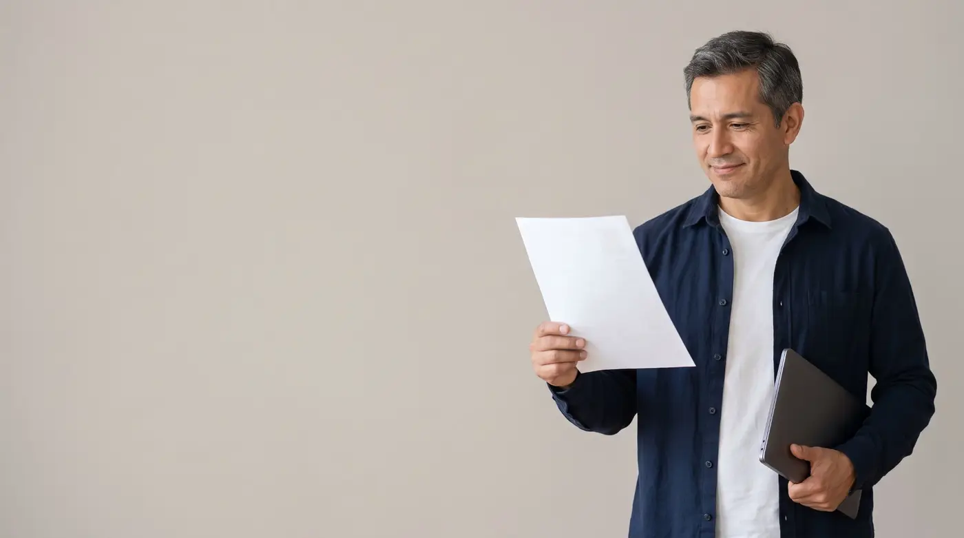 A man in a navy shirt reading a printed CV, a laptop under his arm
