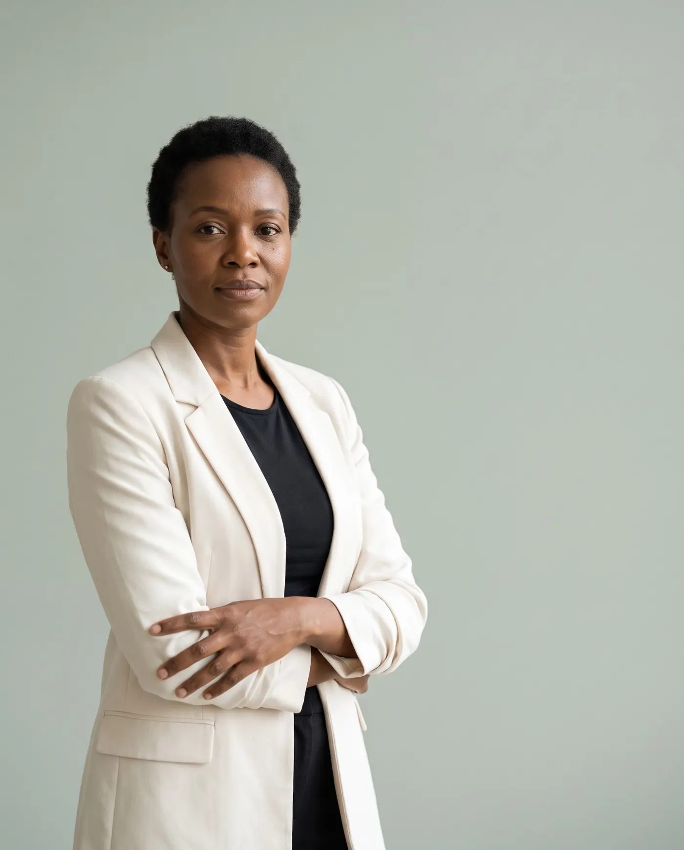 A woman in a cream blazer, arms crossed, looking at the camera
