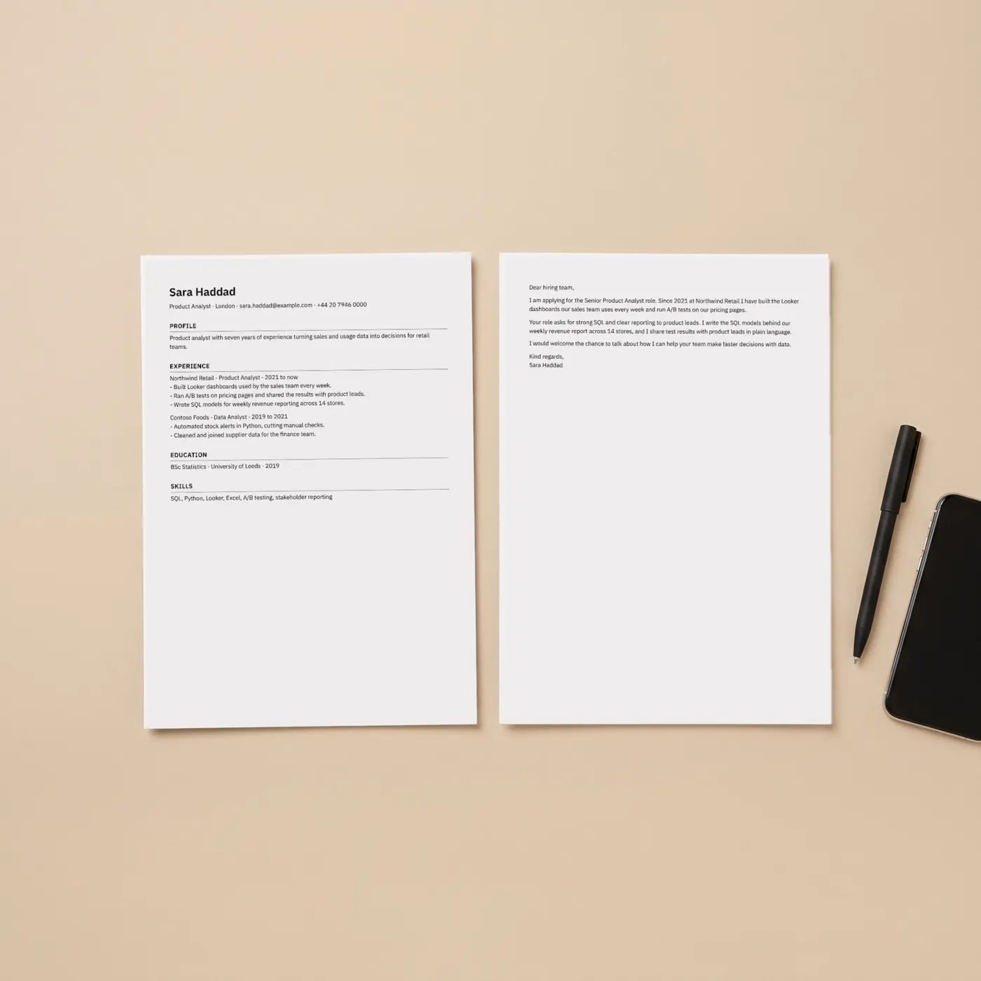 Example: a printed CV and cover letter made with this tool, next to a pen and a phone